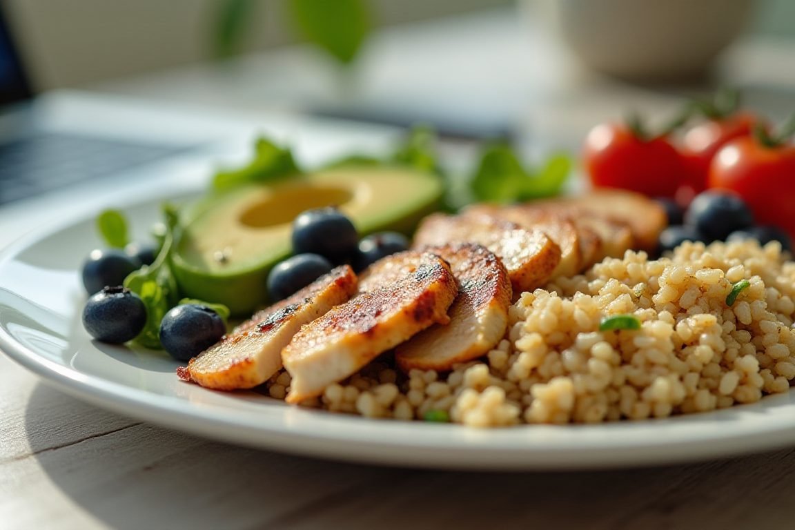 Close-up of a colorful balanced lunch plate with grilled chicken, quinoa, avocado and blueberries on a modern office desk, na