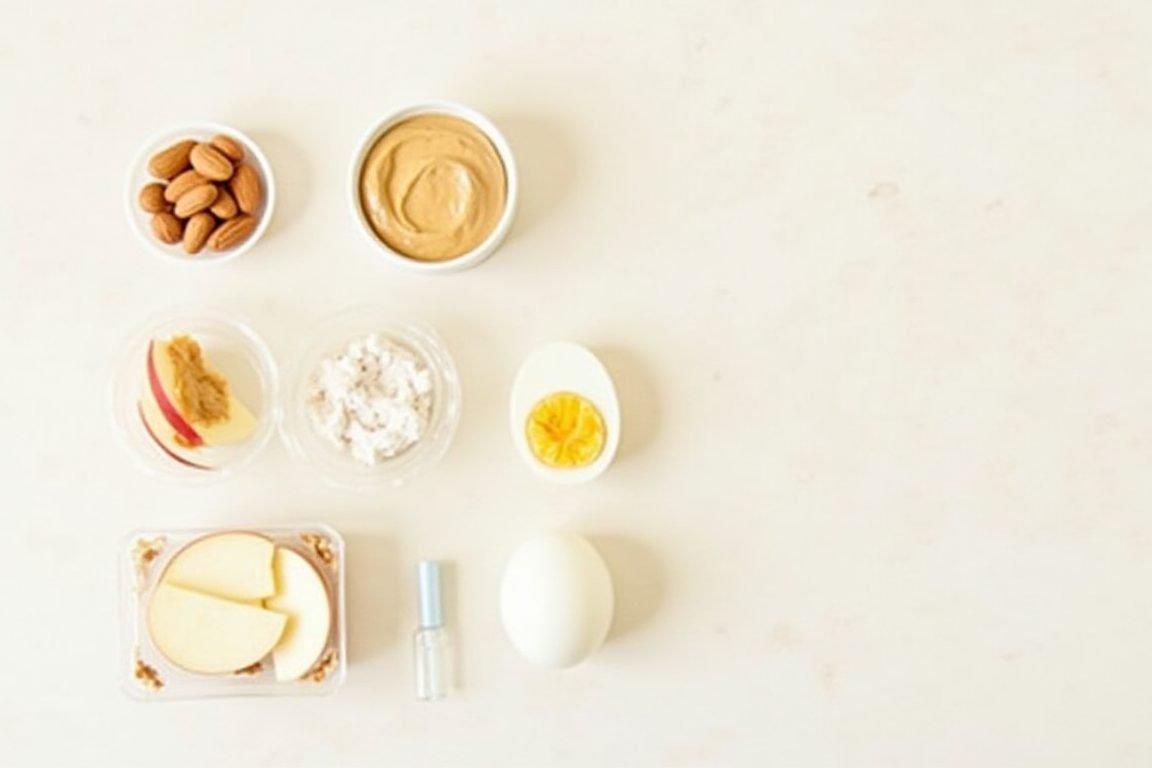 Healthy snack flat-lay: almond handful, apple slices with peanut butter, hard-boiled eggs and Greek yogurt in small container