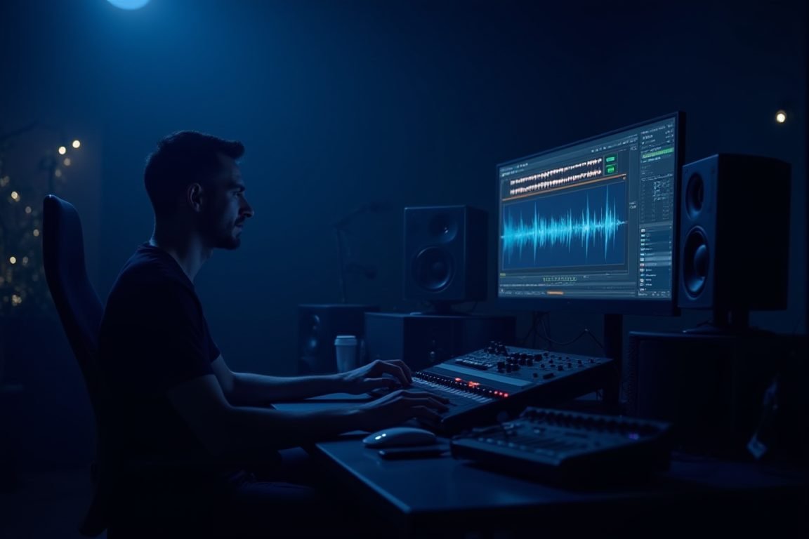 A music producer at a desk using AI audio software with visible sound waveforms on screen, studio monitors and a MIDI keyboar