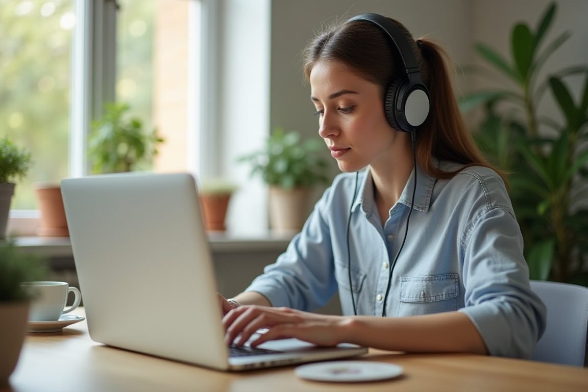 Person wearing noise cancelling headphones working on laptop at home, focused expression, plants and coffee on desk, soft day