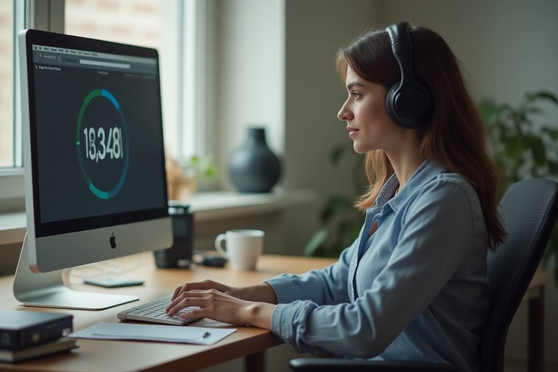 Person wearing noise-canceling headphones working focused at a tidy desk with a timer app on screen