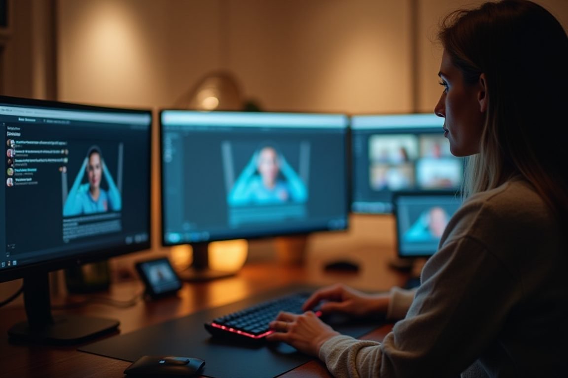 A person working at a desk with multiple screens showing chat interfaces with AI assistants, warm natural lighting, candid te