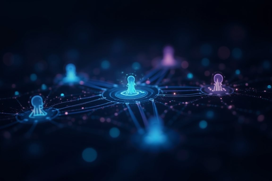 Abstract visualization of AI agents connecting apps and tasks with glowing lines and nodes, dark background with neon accents