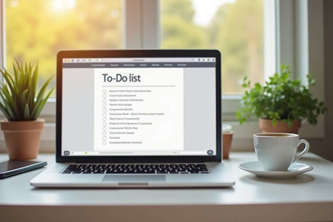 A to-do list app interface on a laptop screen next to a coffee cup on a tidy home office desk, warm morning light