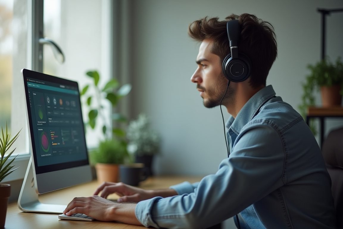 A person wearing noise-canceling headphones working focused at a home desk with a visible app dashboard on screen