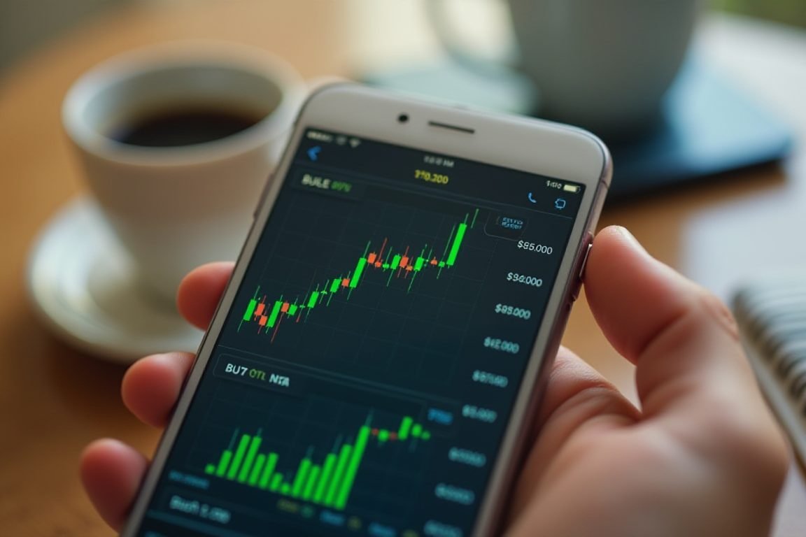A smartphone displaying a stock market app with green candlestick charts, on a wooden table with coffee