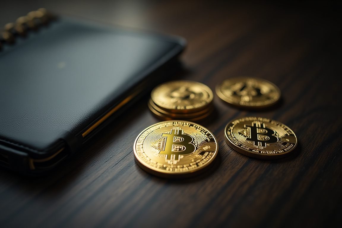 Physical gold coins and a small hardware crypto wallet next to a notebook, moody lighting