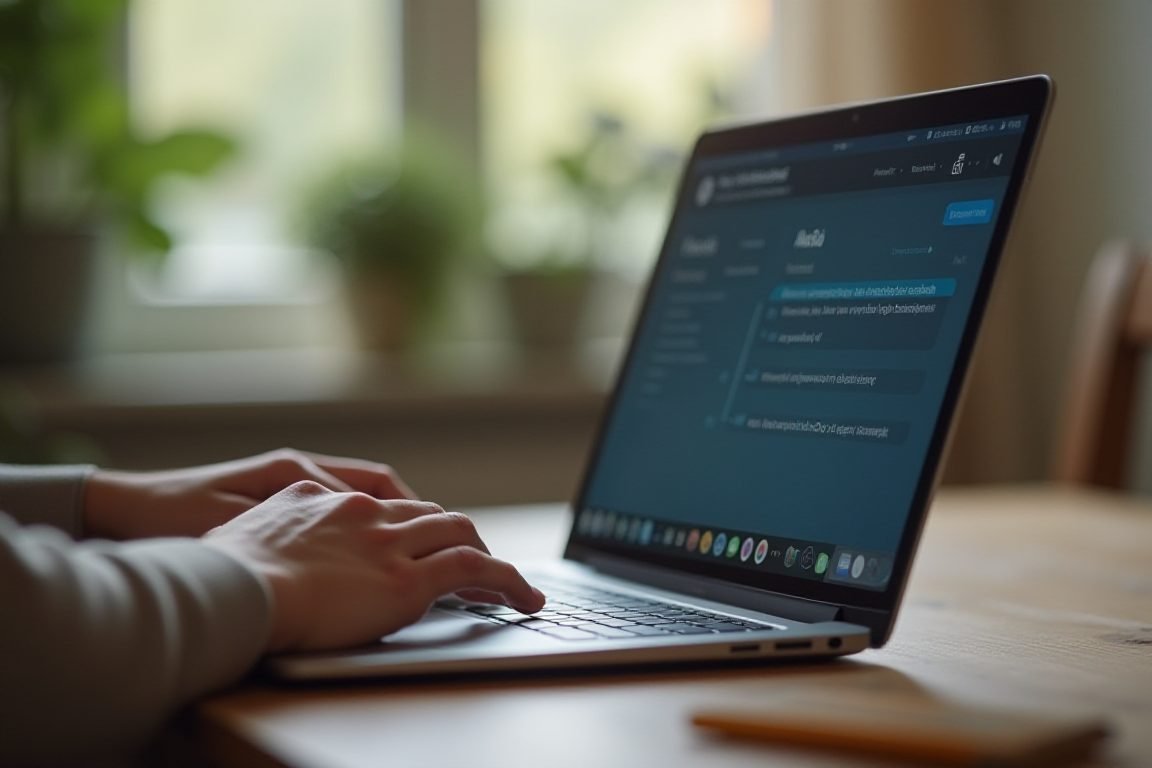 Person typing on laptop with AI writing assistant on screen, cozy home office, soft daylight