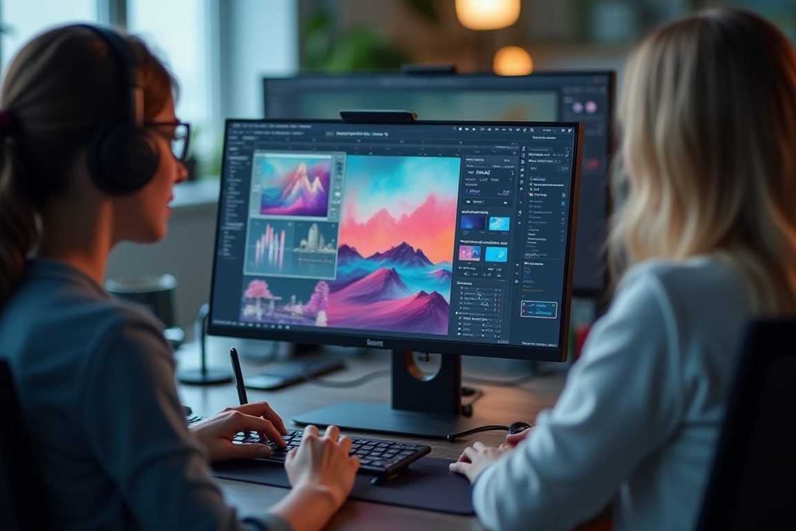 Graphic designer editing colorful visuals on monitor with AI design tool interface