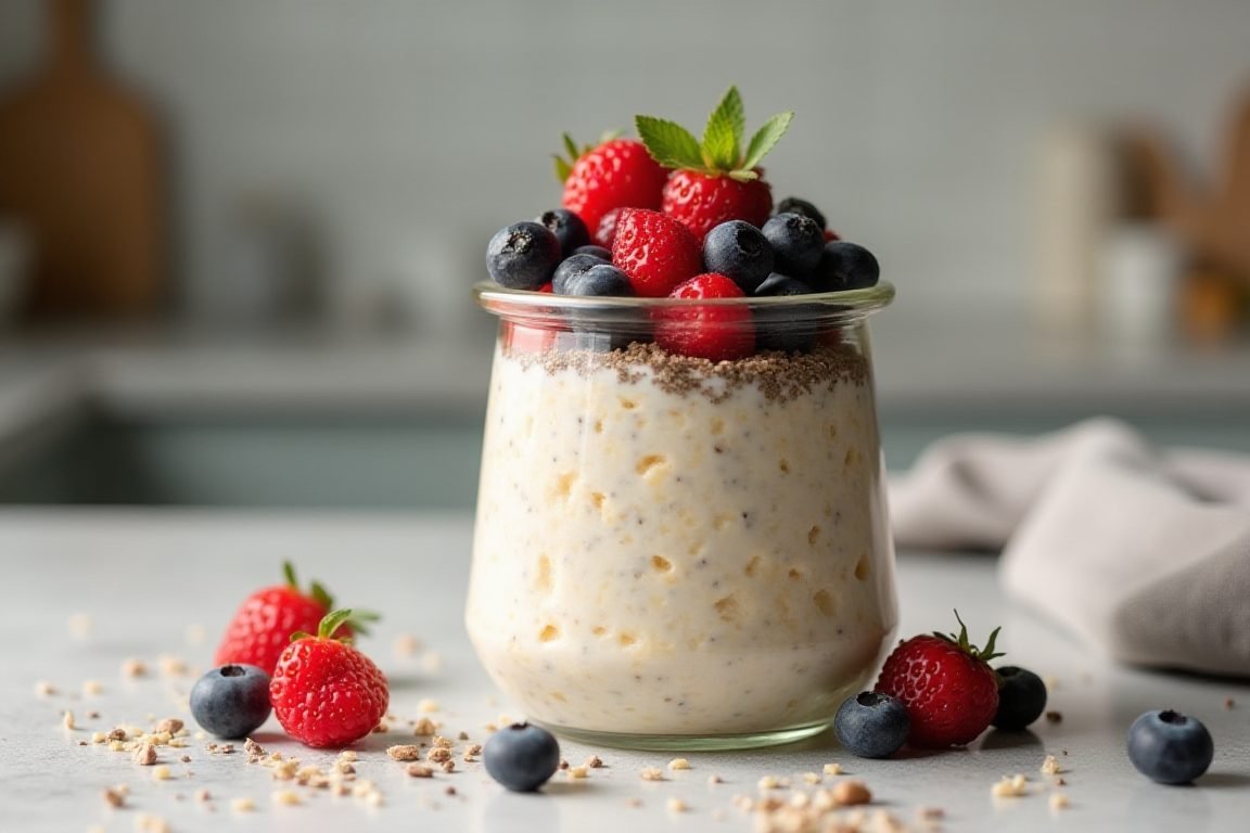 Close-up of overnight oats in a glass jar topped with berries and chia seeds on a morning kitchen counter, soft natural light