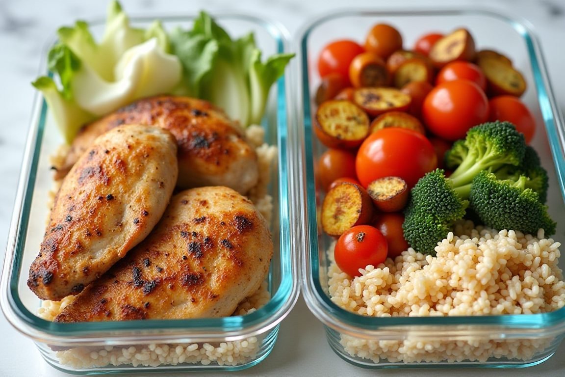 A balanced meal prep setup: glass containers with grilled chicken, brown rice and roasted vegetables arranged on a table