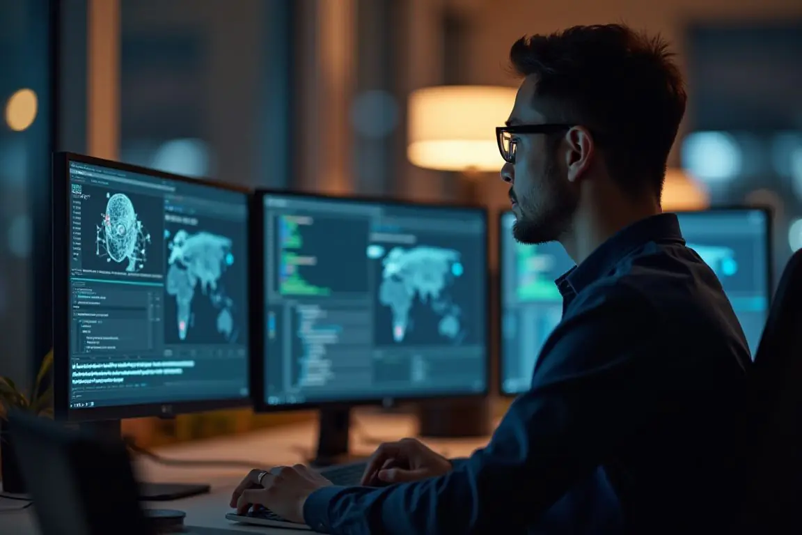 A person at a desk testing multiple AI software windows on dual monitors, focused expression, warm office lighting