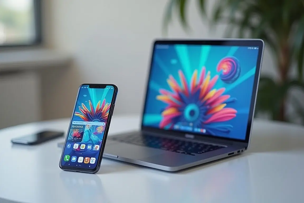 A smartphone and laptop displaying colorful AI-generated graphic designs and social media posts side by side