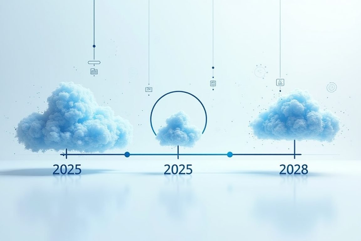 Timeline graphic 2025 to 2028 showing shift from cloud-based giant AI models to small local coding models, futuristic minimal