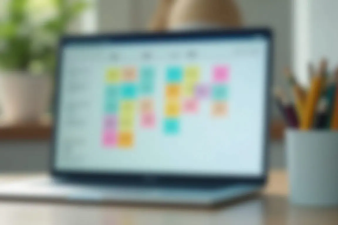 Laptop screen showing task management app kanban board with colorful sticky notes, home office setting, close-up shot