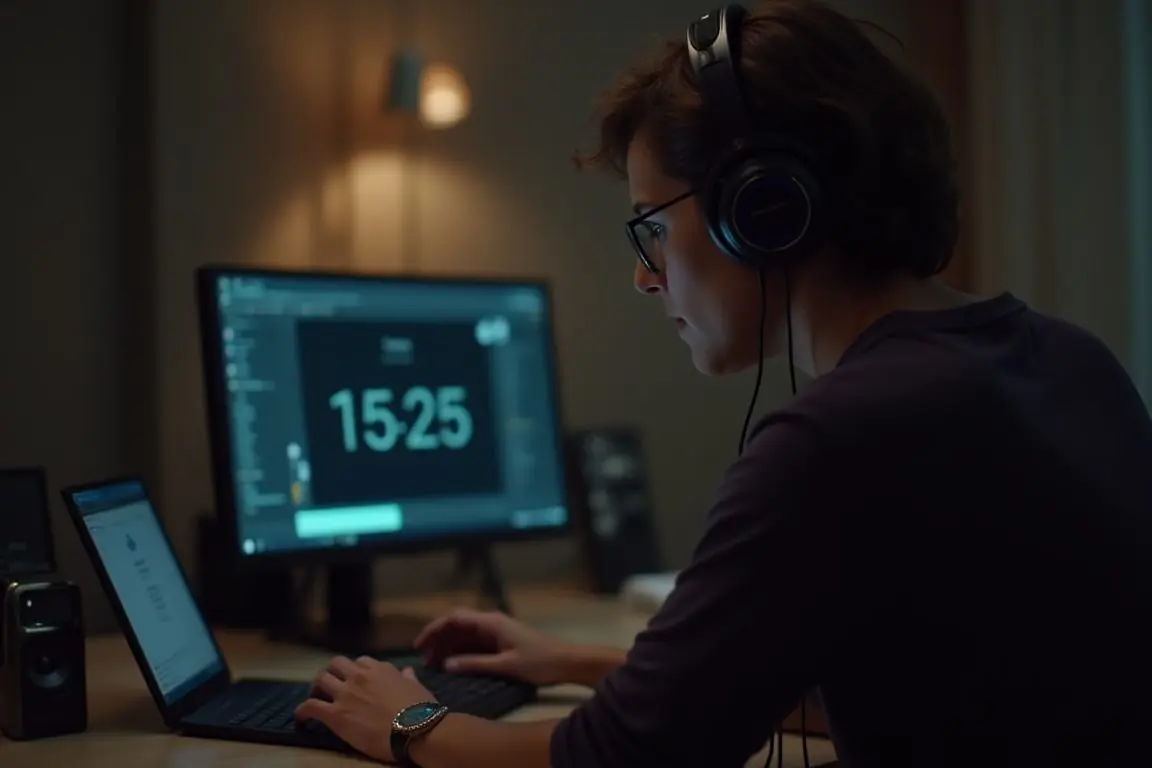 Person wearing headphones in focus mode working at desk, timer app Pomodoro on screen, cozy dim lighting