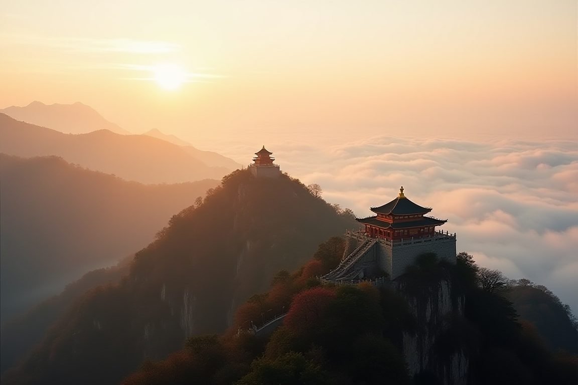 Ancient Taoist golden temple on Wudang Mountain peak at sunrise, sea of clouds below, cinematic warm light, travel photograph