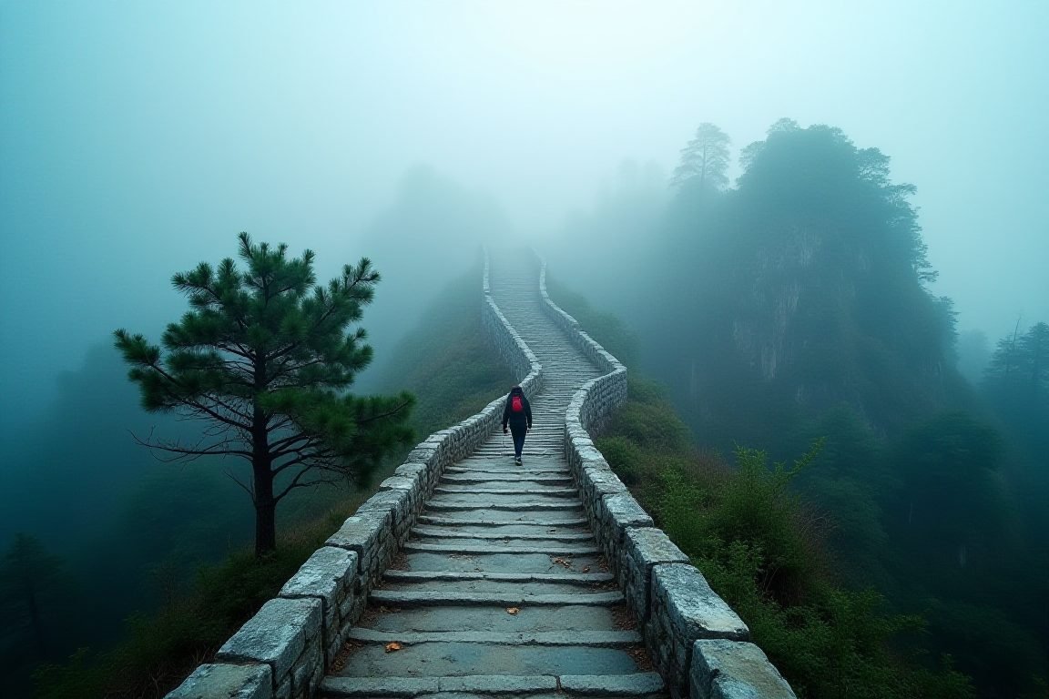Thousands of stone steps winding up Wudang Mountain through mist and pine trees, tired hiker climbing, documentary style phot
