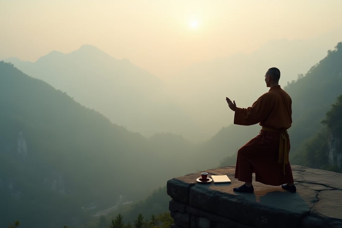 Quiet mountain ledge with notebook and tea, Taoist monk practicing tai chi in misty background at dawn, serene mood