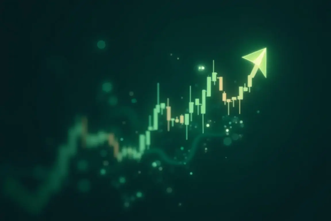 Illustration of stock market candlestick chart trending up with glowing AI and green energy icons, modern fintech style