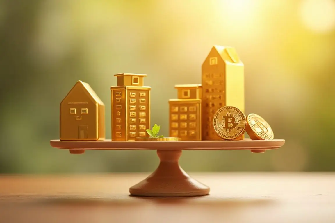 Illustration of diverse investment assets: gold bars, REIT buildings, crypto Bitcoin and stablecoins balanced on a scale, war