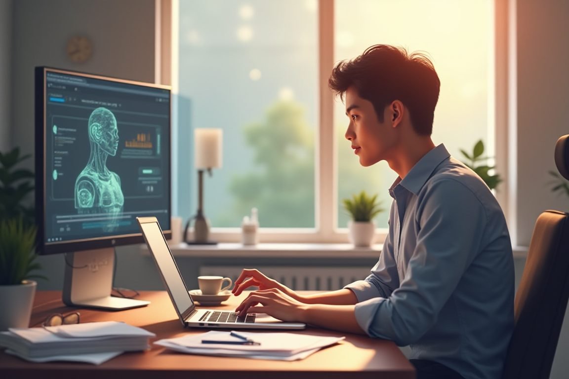 Thai office worker at desk using laptop with AI chatbot interface on screen, documents and coffee nearby, warm office lightin