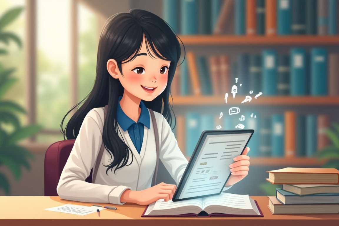 Thai university student studying with tablet, AI summary notes appearing on screen, library setting, soft natural light, flat