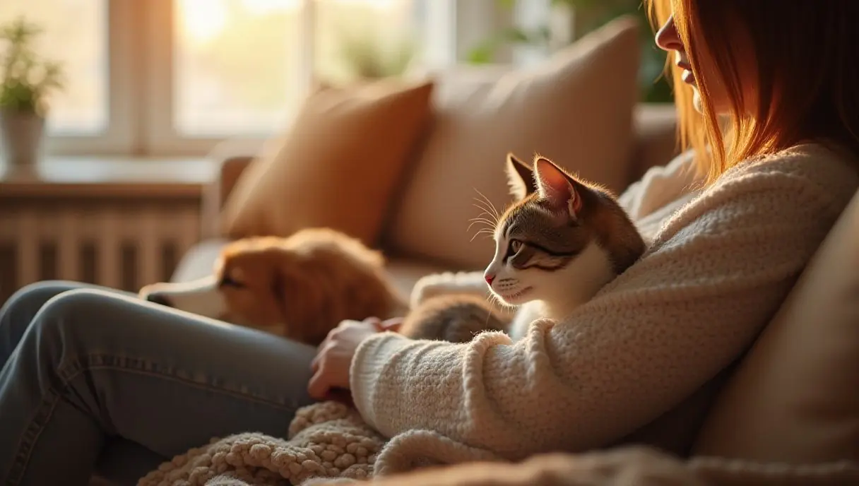 Warm lifestyle photo of a person relaxing on a couch with a cat on their lap and a dog sleeping nearby, cozy living room, nat