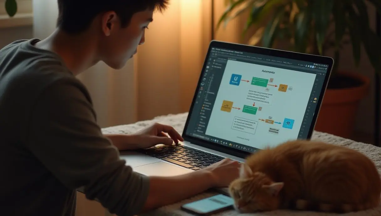 Young Thai man sitting at a cozy desk with a laptop showing workflow automation diagrams, smartphone with WhatsApp chat besid