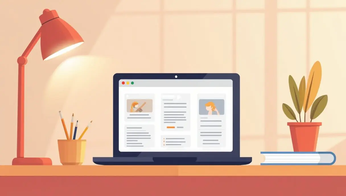 Modern flat illustration of a content creator's desk with laptop showing AI writing, design, and video app interfaces, warm c