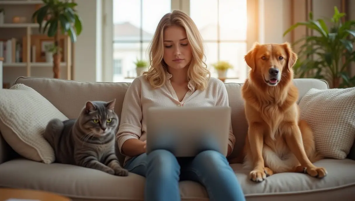 A warm lifestyle photo of a young professional sitting on a couch at home with a relaxed cat on one side and a calm dog on th