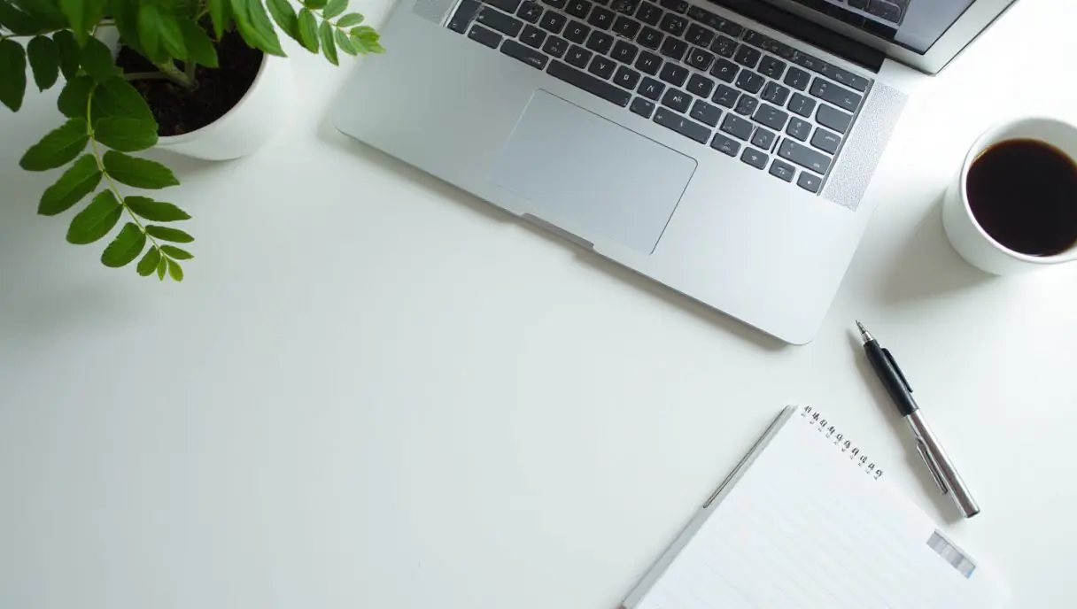 A clean overhead flat-lay of a creator's desk with a laptop showing AI tools, notebook, coffee, and soft natural lighting, mo