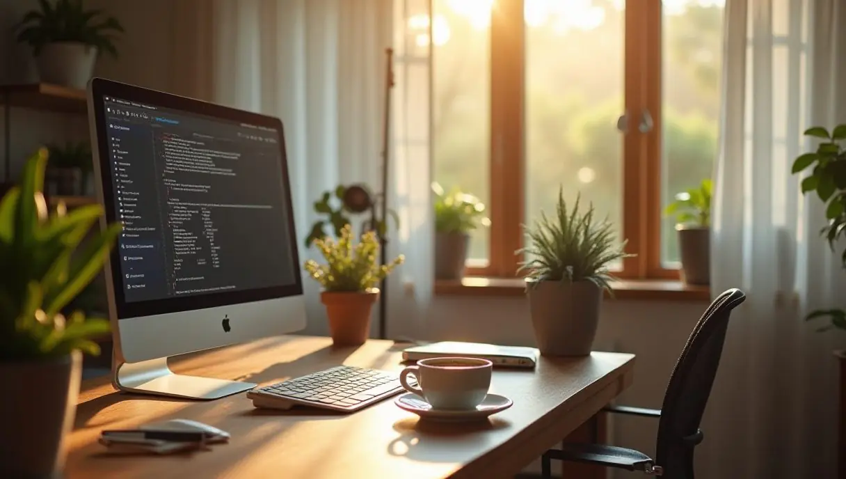 Thai freelancer working on laptop at cozy home desk with coffee, dual monitor, plants, warm morning light, modern minimal wor