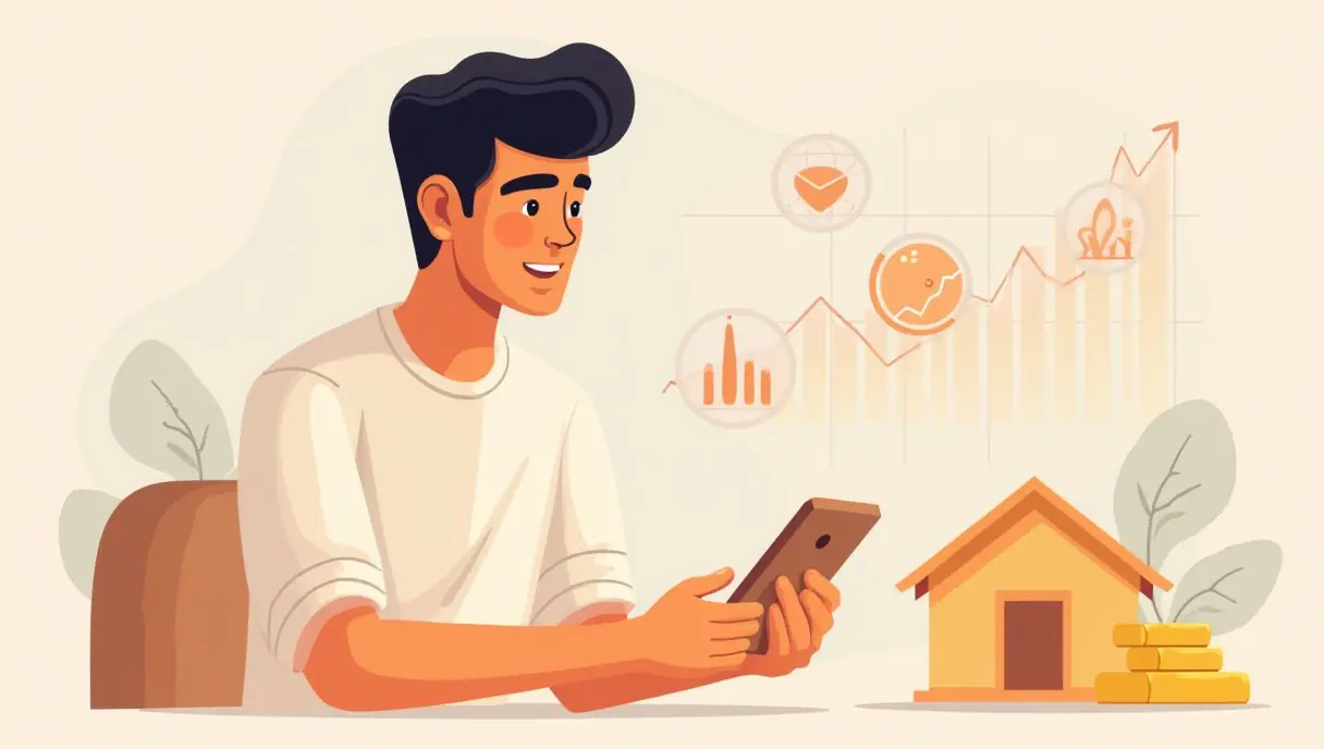 Modern flat illustration of a young Thai person looking at investment portfolio charts on smartphone, with icons of stocks, c
