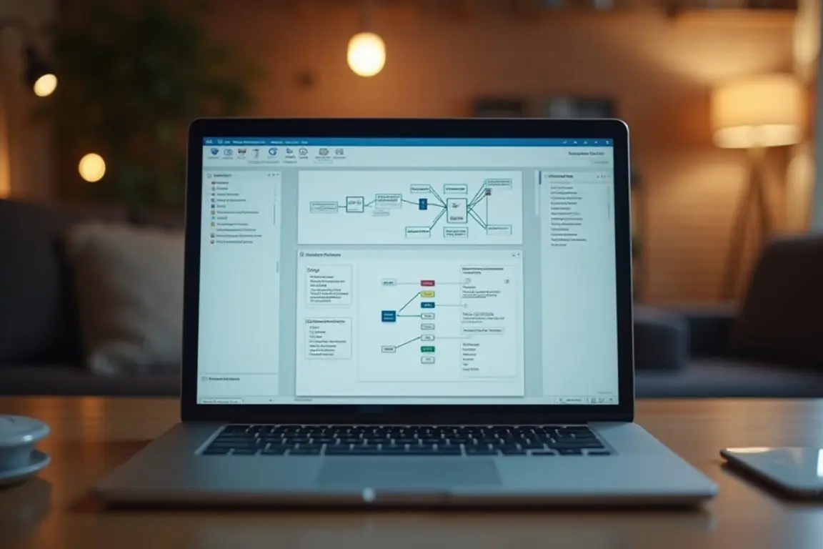 A laptop screen showing a workflow automation canvas with connected nodes, cozy home office background, warm lighting