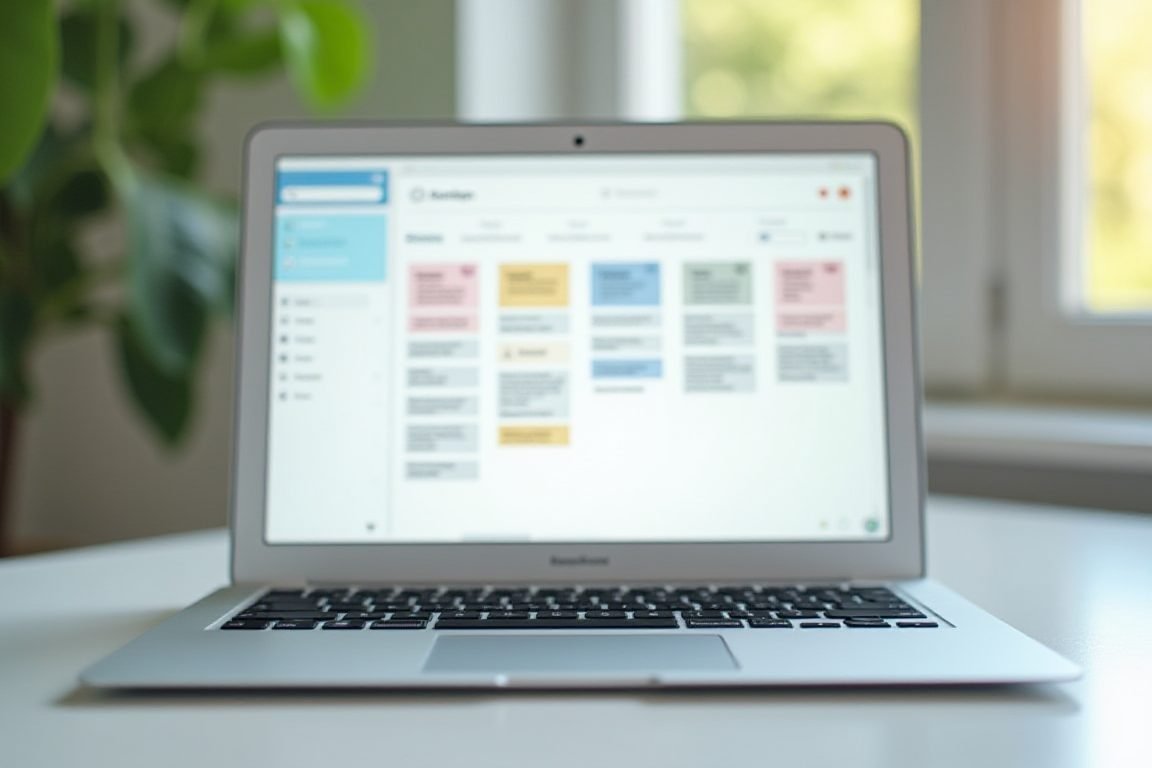 A laptop screen displaying a Kanban board project management interface with colorful task cards