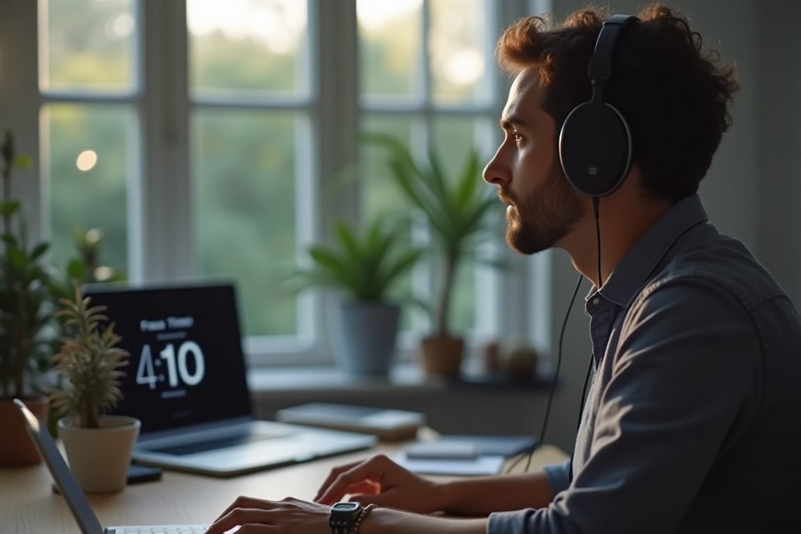 A person wearing headphones working at a tidy desk with a focus timer app visible on a second screen