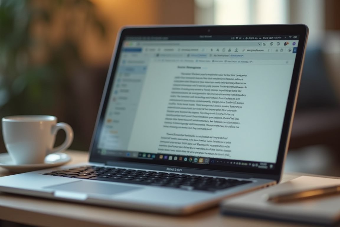 Close-up of a laptop screen with an AI writing assistant drafting a blog post, coffee cup beside it, cozy home office