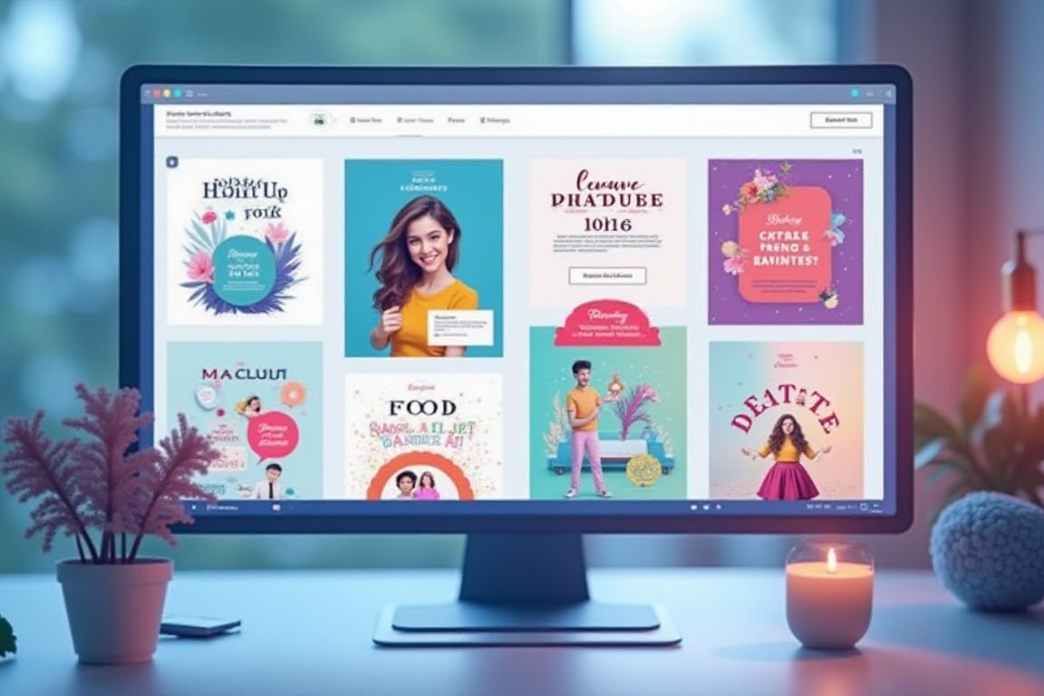 Split-screen illustration of AI design tool generating colorful social media graphics and brand layouts
