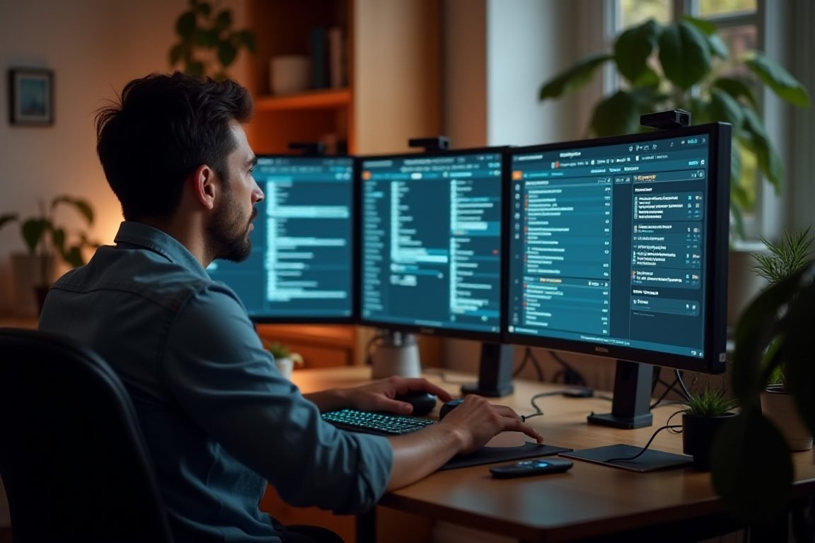 Person working at a desk with multiple screens, AI assistant interface suggesting tasks and calendar items, cozy home office,