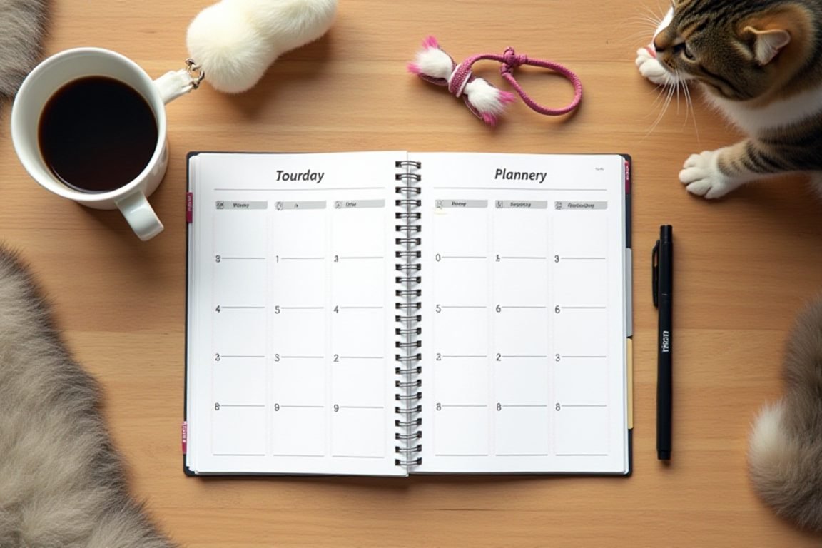 Overhead flat lay of a daily planner, coffee mug, dog leash and cat toy on a wooden desk, representing matching a pet to your