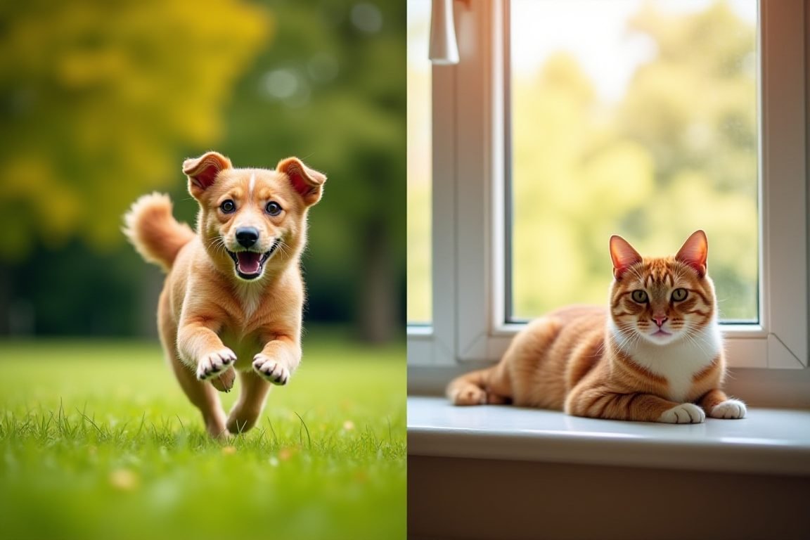 Split image: energetic dog running in a park on one side, calm cat lounging in a sunny apartment window on the other