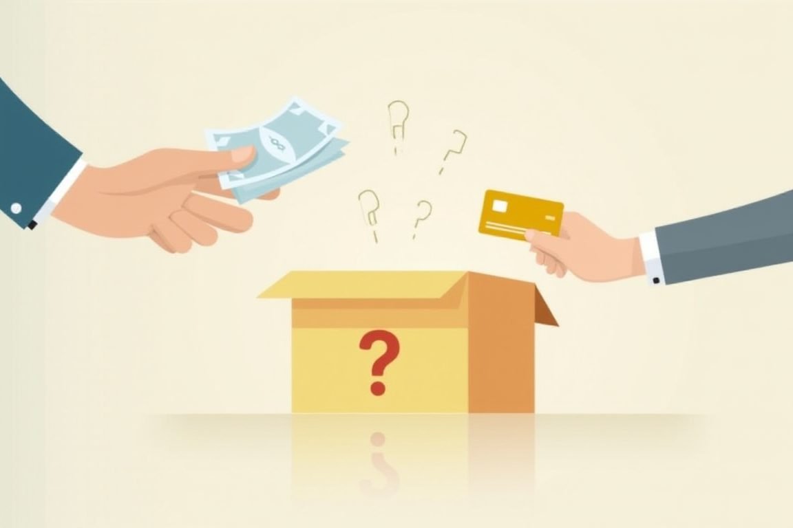 An illustration of a person handing over cash and a credit card before receiving a mystery box with a question mark, symboliz