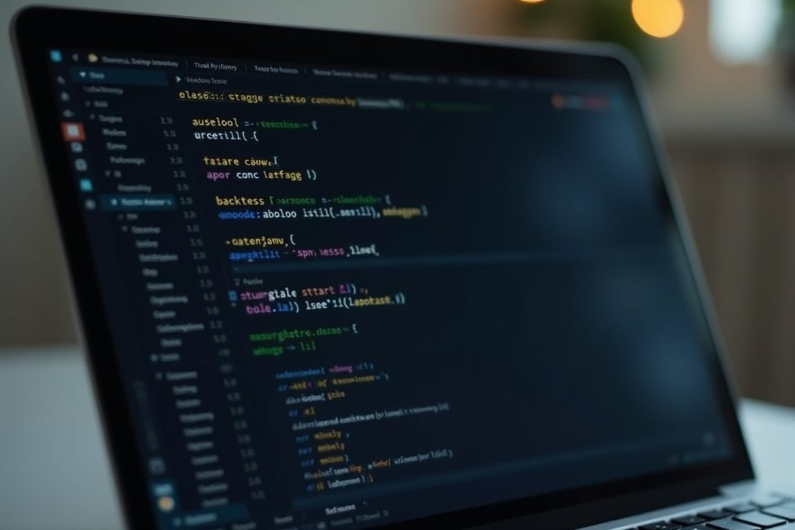 A laptop screen showing a plain-language text prompt describing a trading strategy, with Python code and a backtest report ge