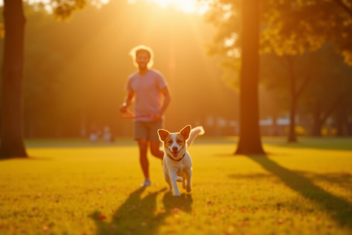 A person walking an energetic dog on a leash in a park at sunrise, active lifestyle photography, golden light