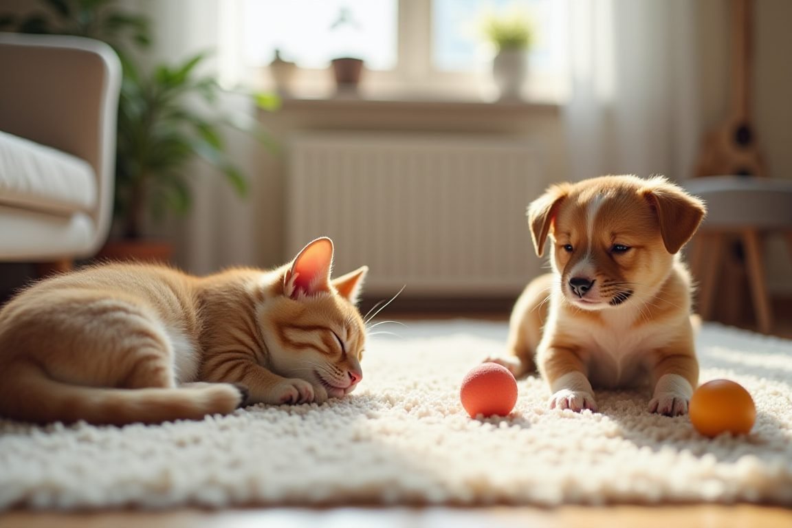 Side-by-side comparison scene: a relaxed cat napping on a couch and a playful puppy with toys on a rug, cozy home interior