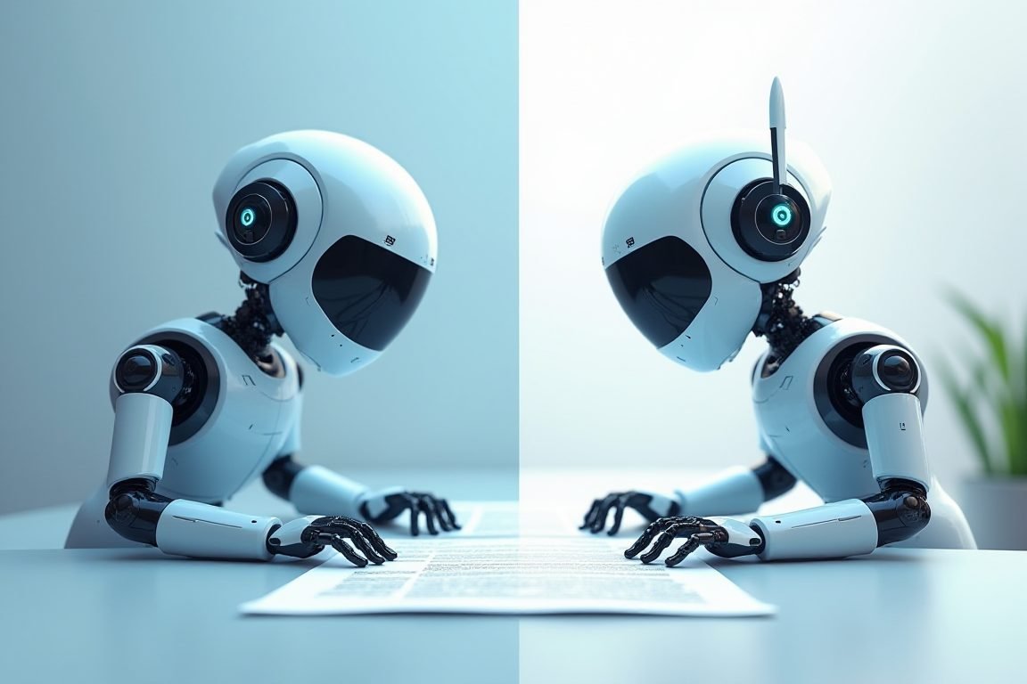 Split illustration comparing Gemini and GPT-5 logos as friendly robot assistants working together on documents, futuristic mi