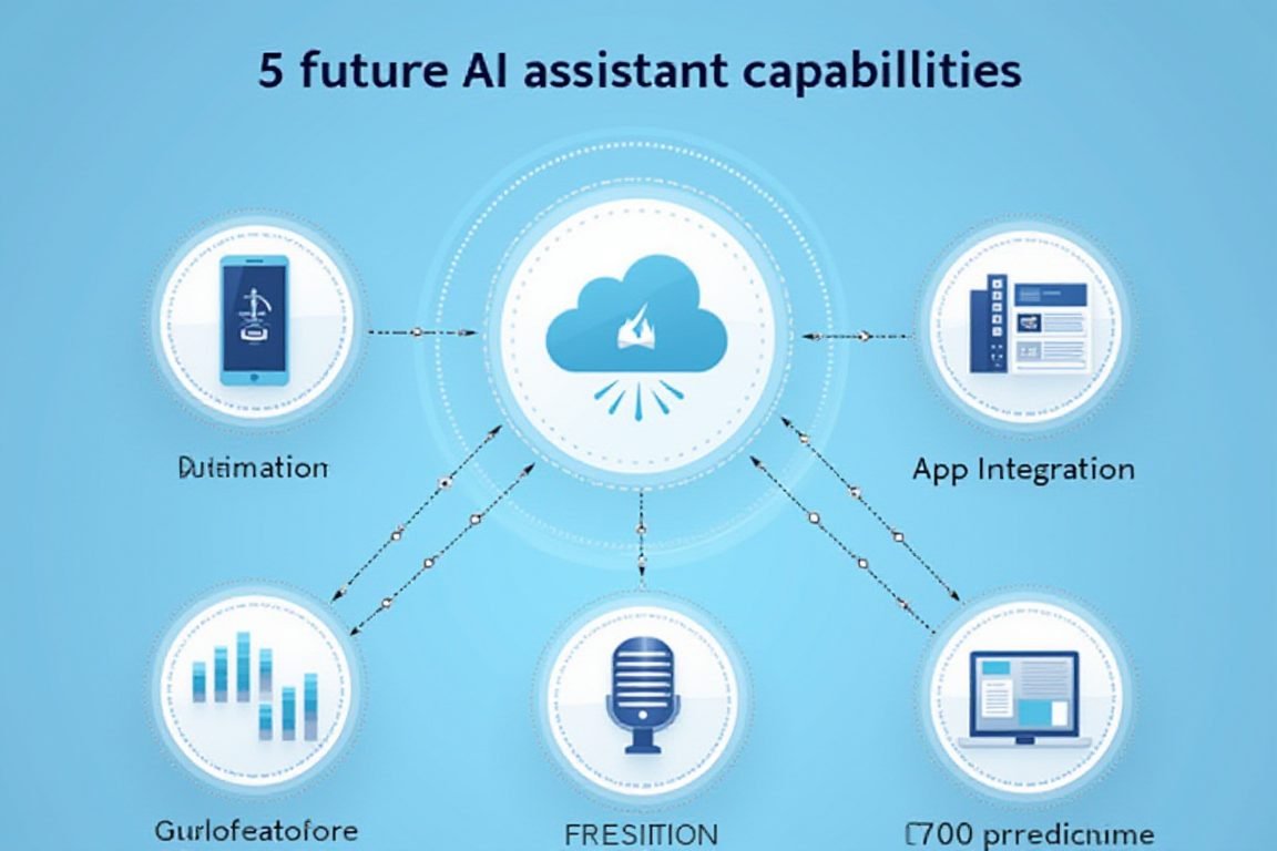 Infographic-style illustration showing 5 future AI assistant capabilities: automation, voice, app integration, memory, and pr