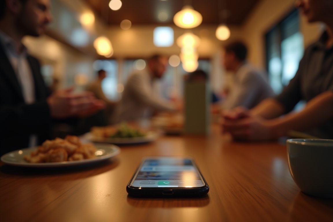 A busy restaurant at lunch rush with a smartphone on the counter buzzing with notifications, warm ambient lighting, candid ph