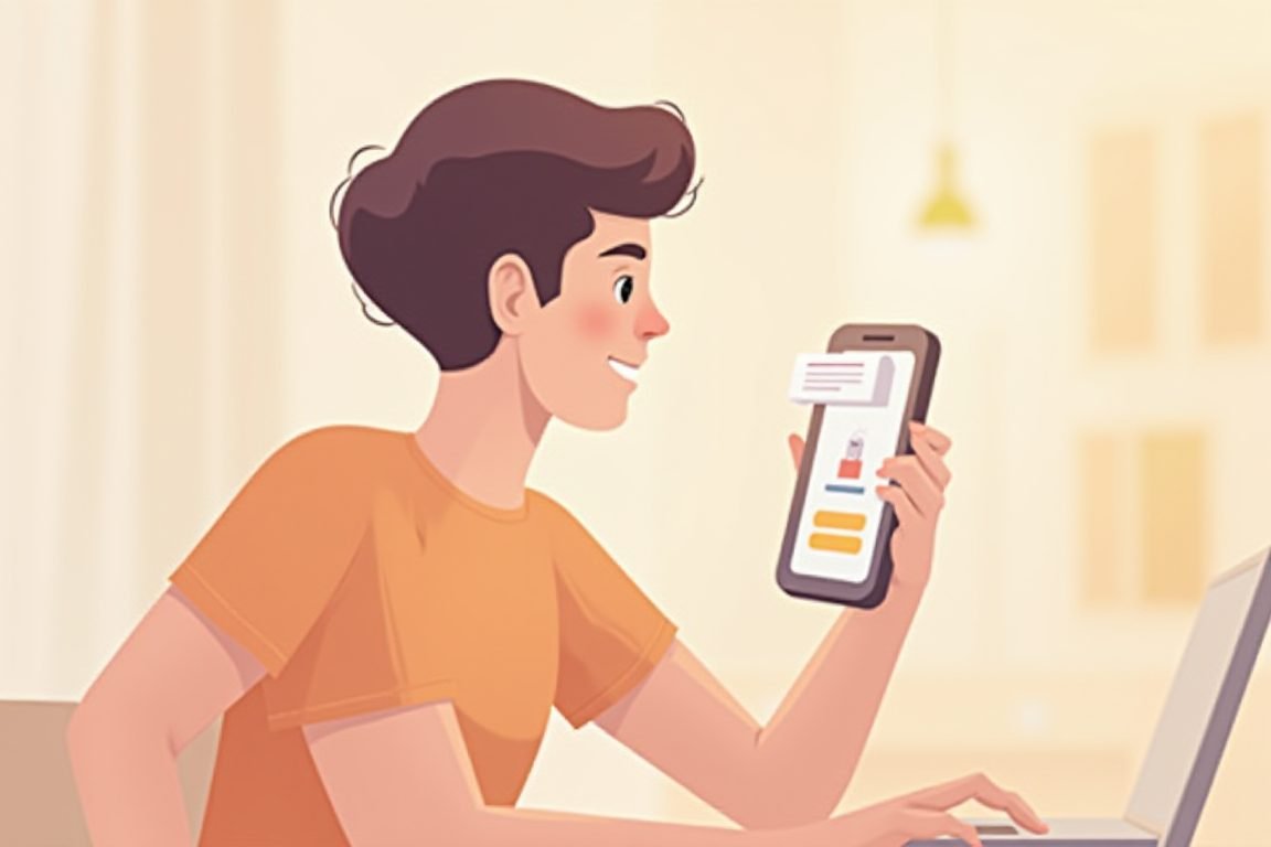 Illustration of a student chatting with AI chatbot on phone, learning with summary notes, warm colors, flat vector style